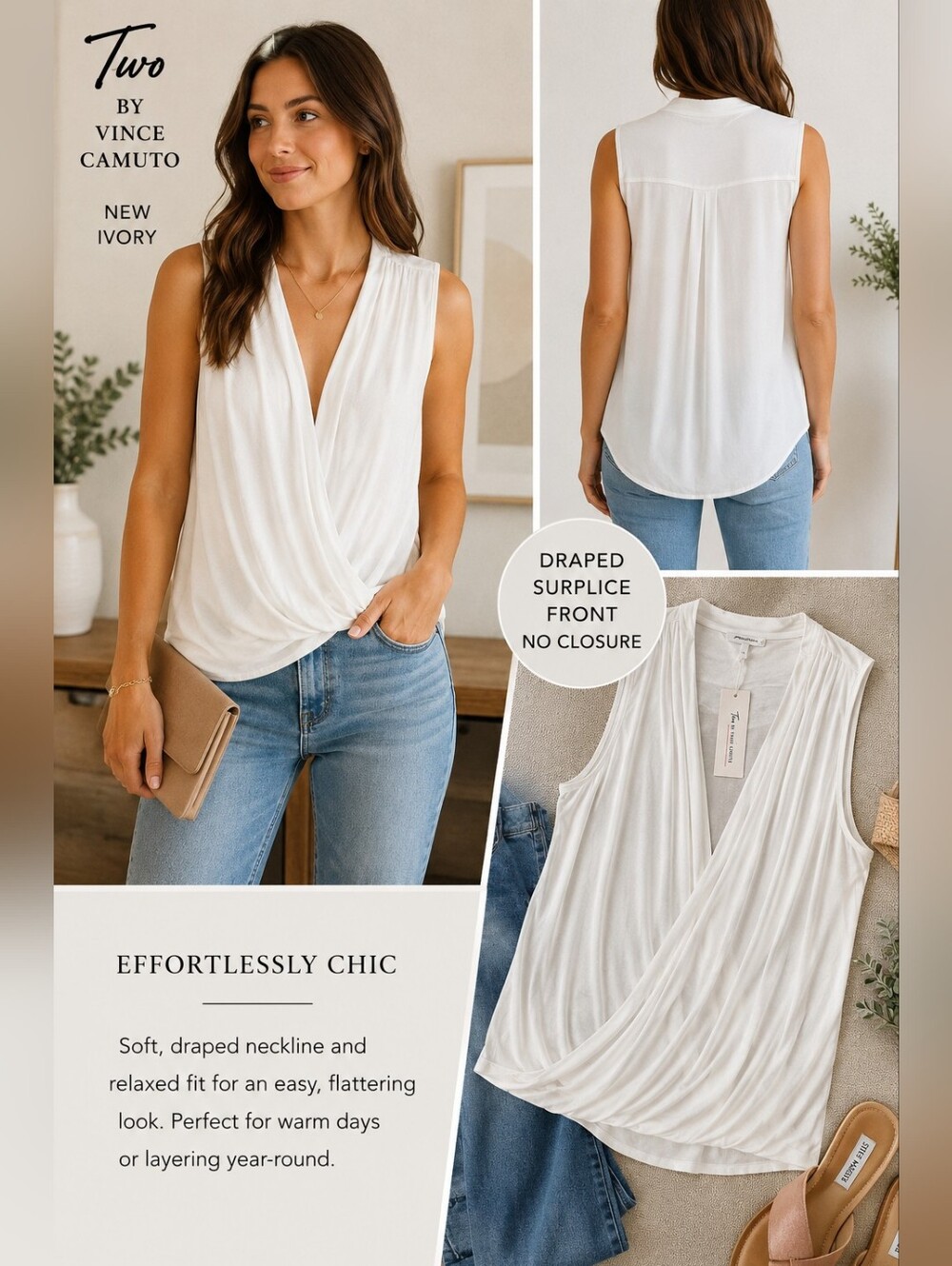 NWT Two by Vince Camuto Ivory Draped Surplice Sleeveless Top Size Small